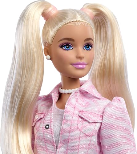Image of Barbie Deluxe Style Doll #9 in Pink Denim Outfit, Blonde Hair, Matching Jacket and Skirt Set with Accessories Like Bow Clutch and Pearly Jewelry