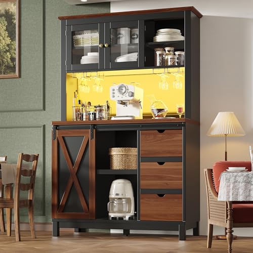 Aunvla Moderno armario alto con iluminación LED y control de aplicación, armario de cocina o comedor con cajón, aparador con puerta corredera y tres cajones, color negro