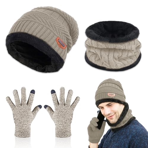 Udbrud Juego de gorro de invierno con bufanda y guantes, 3 en 1, gorro con pantalla táctil, juego de guantes de punto, pompones gruesos, gorro de forro polar, cálido, para hombre y mujer, para