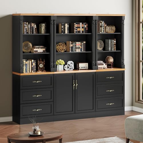 Image of 71'' Tall Bookshelf, Bookcase Storage Cabinets with 3-Tier Adjustable Shelves, Wooden Deep Book Shelf for Office, Living Room, Bathroom, Black