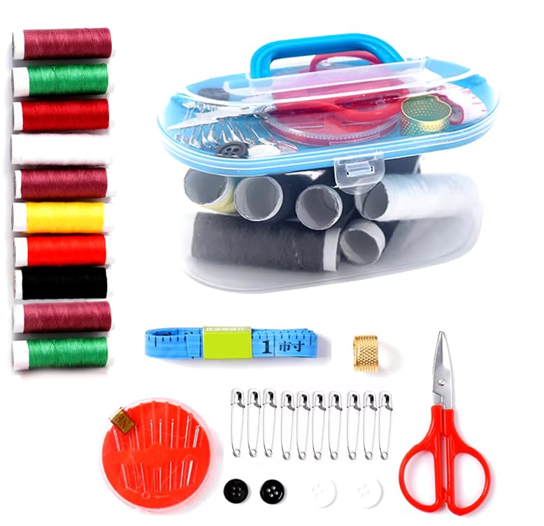 Kit Completo Maleta de Costura Compacto e Organizado - 4 Botoes -10 Alfinetes de segurança -1 dedal -1 fita metrica - 1 tesoura - 10 agulhas - 10 rolos de linha (cores variadas)