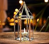 DSH Brass Diya for Pooja with Glass Cover Lantern, Decorative Brass & Glass Akhand Deepak Oil Lamp,Tea Light Holder Lantern for Durga Pooja & Diwali (Small)
