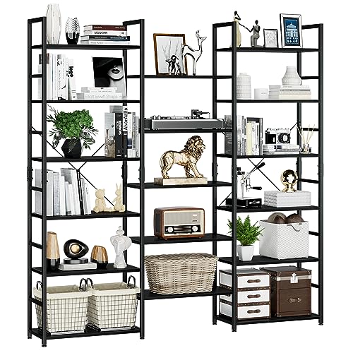NUMENN Triple Wide 6 Tier Bookshelf, Rustic Industrial Style Bookcases