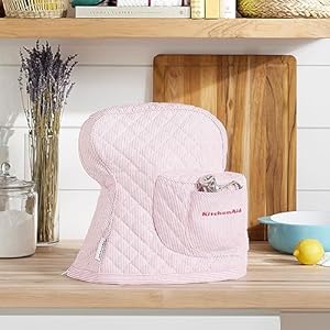 KITCHENAID Fitted Tilt Head Ticking Stripe Stand Mixer Cover with Storage Pocket Quilted 100 Cotton Hibiscus Pink 144x18x10