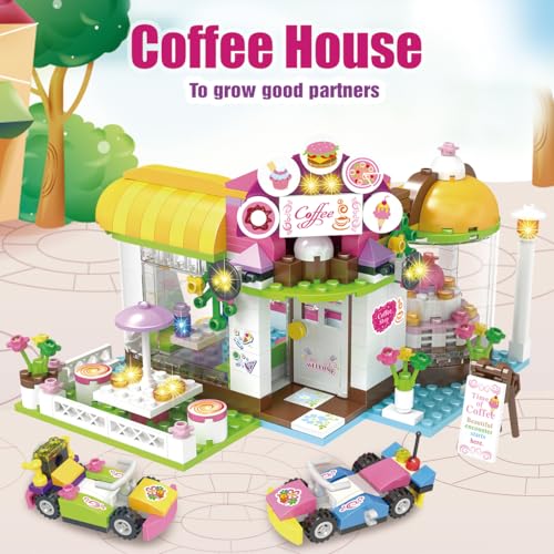 Miniature Coffe Shop Friends Pool Party Creative Building Toy Set for Kids, Includes Toy Juice Bar and Wave Machine Roleplay Xmas Gift for Girls and Boys Festival Birthday with Storage Box 1140 Pieces