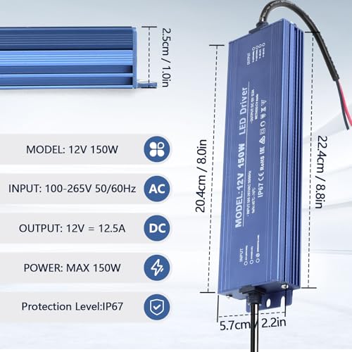 Image of 12V 150W LED Power Supply Waterproof IP67 Ultra Slim LED Driver 110V AC to 12V DC 12.5A 150 Watt Quiet Low Volt Converter LEDs Transformer Constant Voltage for LEDs Strip, Indoor & Outdoor