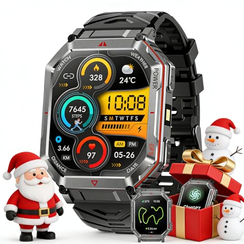 Mingdaln Montre Intelligente Militaire pour Hommes avec GPS/Boussole, Assistant Vocal GPT, Montre avec Lampe de Poche LED, Affichage HD 2,01 'Appel Bluetooth, Compatible avec Android et iOS (Noir)