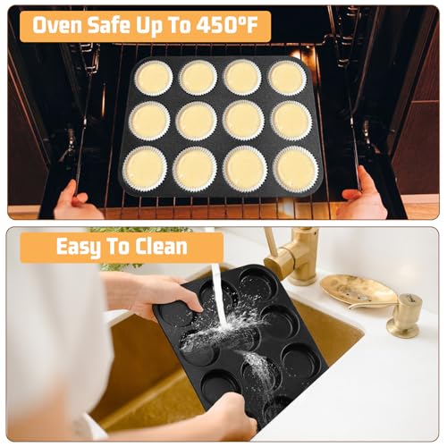 Image of E-far 12-Cavity Muffin Top Pan, 3 Inch Nonstick Shallow Cupcake Pan for Yorkshire Pudding, Eggs, Whoopie Pie, Cornbread, Easy Release & Clean, Standard Size, 2 Pack