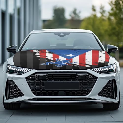 Image of Puerto Rico Flag Coqui Frog Print Car Hood Cover Protector for SUV Sedans Trucks 59x39 Inch Stretchable Car Hood Wrap Blankets Waterproof Sun Proof Auto Patriotic Decorations