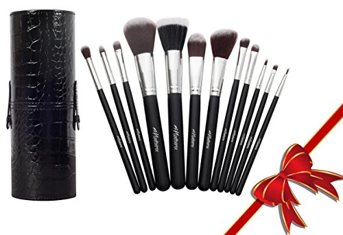 Professional Makeup Brush Set - Premium Quality - 12 Vegan Synthetic Brushes with Wooden Handle - Best Kabuki Cosmetic Kit in Organizer Holder Case