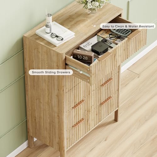 Image of 47 inch Tall Dressers for Bedroom Fluted 5 Drawer Dresser, Wooden Dresser Modern Chest of Drawers Dressers with Organizer Storage for Bedroom, Living Room, Entryway, Oak