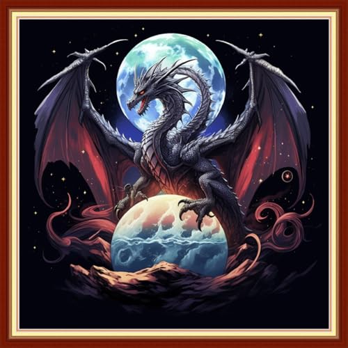 Image of Joyhoor Stamped Cross Stitch Kits for Beginners, Needlepoint Kits for Adults, 11CT Counted Embroidery Kits-Moon Dragon 18x18 inchs