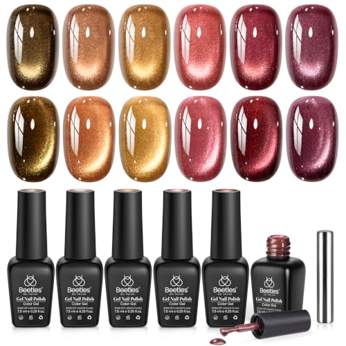 Image of Beetles Cat Eye Gel Nail Polish Set - Gilded Street Fall 6 Colors Glitter Gel Polish Kit Brown Red Gold Green 3D Shimmer Effect Soak Off UV DIY Salon Nail Art Fall Manicure Gift for Women