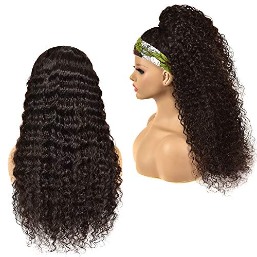 Headband Wig Deep Wave Human Hair Easy Wear Wig for Black Women Glueless None Lace Front Wig Headband Half Wig Human Hair 10A Brizilian Virgin Hair Machine Made Wigs Quick Wigs 150%Density 24Inch Wig