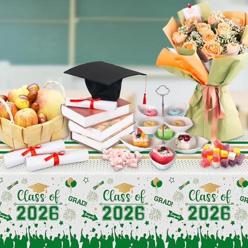 Image of Graduation Decorations Class of 2026 Tablecloth - 3 Pcs Plastic Congrats Grad Table Cloth, Graduation Table Cover for Graduations Party Decorations 2026 and Party Supplies, 54 inchx108 inch (Green and Gold)