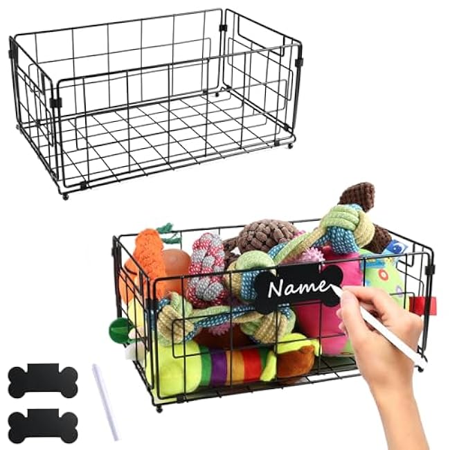 Geyecete Set of 2 Carbon Steel Dog Toy Storage Boxes, Scrollable, Foldable, Sturdy, Black, 13.8L x 8.5W x 7H, Pet Toy Storage, General Home Organization