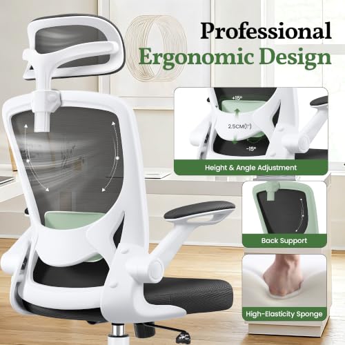 Image of Ergonomic Office Chair, Computer Desk Chairs with Adjustable Lumbar Support | Breathable Mesh Office Chair with Filp-Up Arms, Swivel Desk Chair Comfy for Home Office, Prolonged Sitting, High Back, White