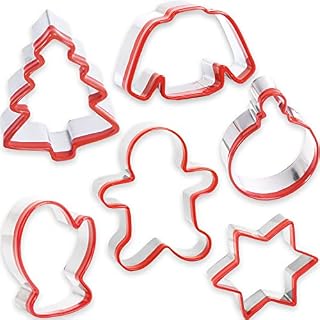 COOKIEQUE 6 Pieces Christmas Cookie Cutters Set with Gingerbread Man, Christmas Ornament/Bulb, Christmas Tree ,Star, Mitten and Sweater, Unique Design with Protective Red Top PVC