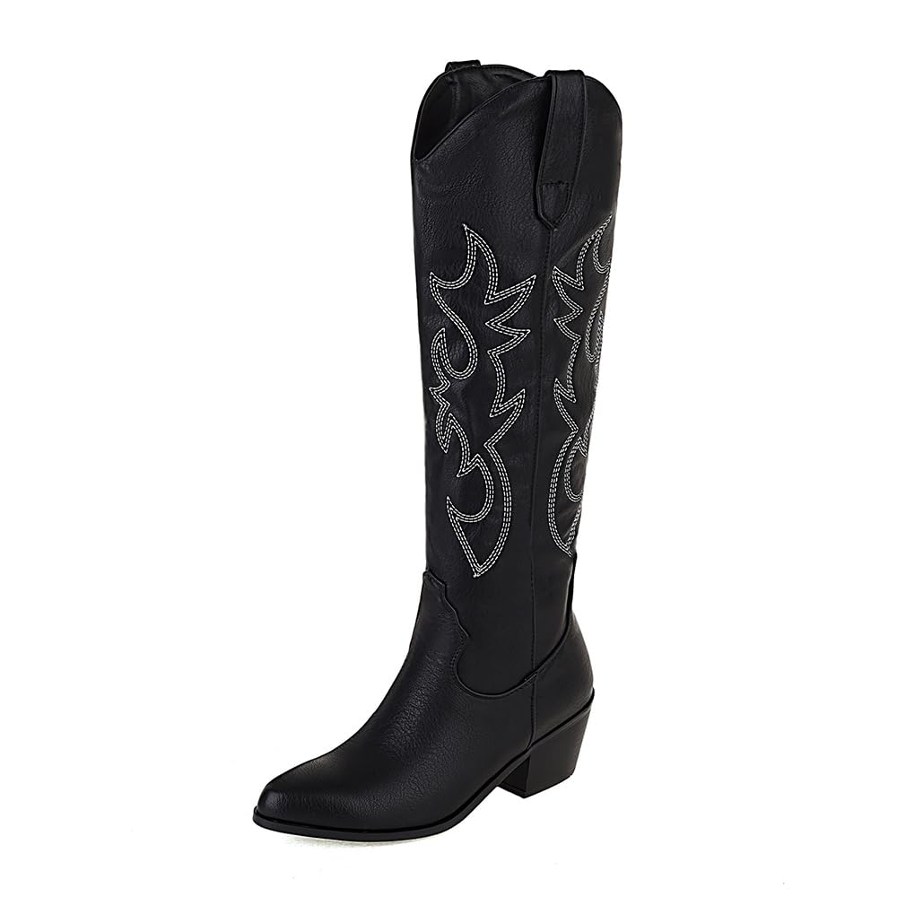 YING LAN Western Cowboy Boots for Women Knee High Wide Calf Cowgirl Boots with Classic Embroidered Retro Pull