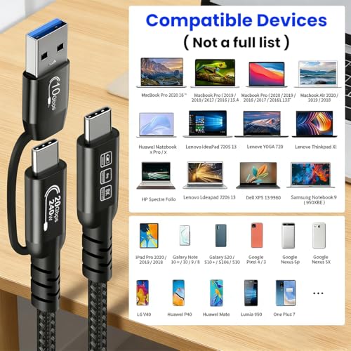 Image of Verilux 2-in-1 PD 240W Type C to C Cable Fast Charging, 3.3Ft Nylon Braided USB A /C to C Cable with Support 10Gbps High-Speed Data Sync, 8K HD Video Output for Thunderbolt 3 /4, iPhone 17 /16 /15 Series