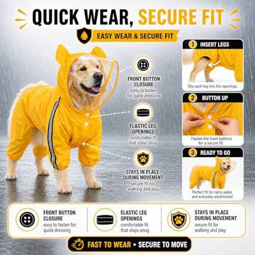 Image of Full Body Dog Raincoat with Hood & Transparent Face Shield | Waterproof Pet Rain Suit with Leash Hole & Reflective Strip | Adjustable Rain Jacket | All Weather Protection Rainwear (Small)