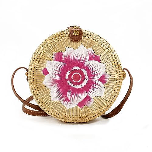 Bolso redondo de ratán para mujer, bolso de playa de paja, bolso tejido a mano con diseño floral (pequeño) miniatura 1
