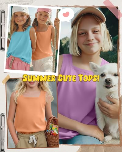 Image of 3 Pack Girls Square Neck Tank Tops | Basic, Sleeveless T-Shirts, Casual Summer Tanks, Kids Undershirts, School, Size 5-14 Years, Comfy, Elasticity