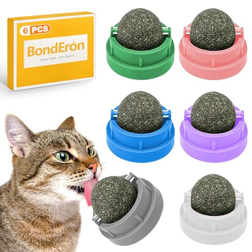 BondEron Katzenminze Bälle 6er Set mit Wandhalterung, Drehbar Katzenspielzeug für Katzen, Interaktive Catnip Spielbälle zur Beschäftigung und Entspannung