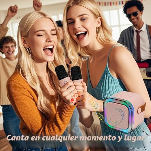 Miniatura 5 de Mini máquina de Karaoke con 2 micrófonos inalámbricos, Luces LED, Efectos de Voz, Altavoz portátil para niños de 3, 4, 5, 6, 7, 8, 9, 10, 11, 12 años o más, Regalo de cumpleaños para niñas de (Pink)