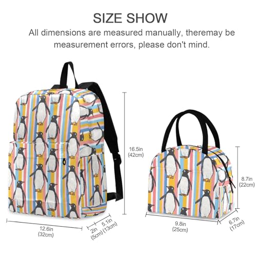 Backpack Lunch Box Set Large Capacity Travel Backpacks and Insulated Lunch Bag for Commute Hiking Picnic Penguin Stripe Print2