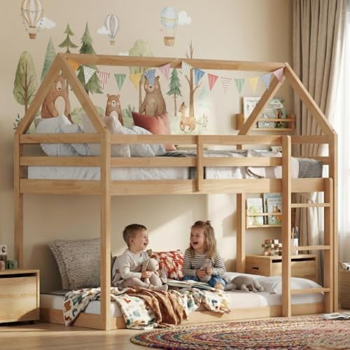 MoproBeti House Bunk Beds Twin Over Twin,Rubber Wood Tree House