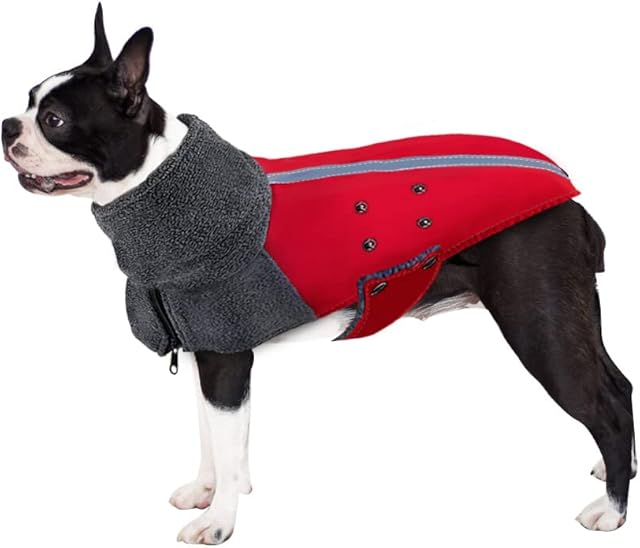 SlowTon Winter Dog Coat, Warm Polar Fleece Lining Outdoor Jacket with Harness Hole Scarf Reflective Stripe Adjustable Waterproof Windproof Puppy Vest Soft Pet Outfits for Small Medium Large Dogs