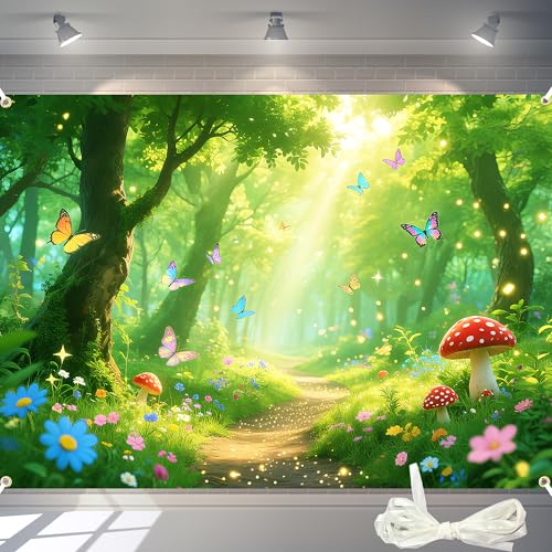 7x5FT Enchanted Forest Backdrop with 19.68FT Ribbon - Magic Fairy Garden Photography Background for Party, Birthday Decor, Spring Photo Booth Props