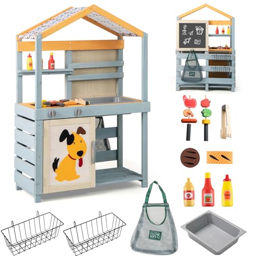 HOMASIS Cocina de Barro Exterior Infantil, Cocina de Juego de Doble Cara con 17 Accesorios, Juguete de Juego de Madera de Abeto, para niños de 3+ años, 75x34x111cm, Gris