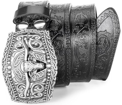 Image of UTOWO Western PU-Leather Cowboy Buckle Belt for Men and Women Jeans Engraved Floral Longhorn Bull Buckle Belt (25-38 inch waist)