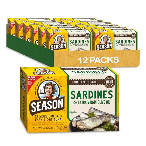 Season Sardines in Extra Virgin Olive Oil - Wild Caught, 22g of Protein, Keto Snacks, More Omega 3's Than Tuna, Kosher, High in Calcium, Canned Sardines - 4.37 Oz Tins, 12-Pack