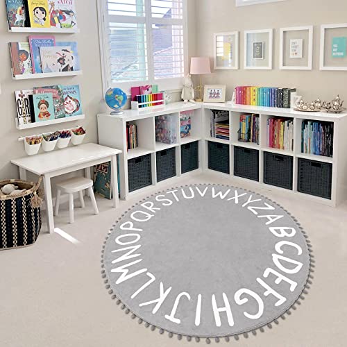Staruia Grey Round Rug For Playroom,47"X47"Washable Rug For Baby Nursery,Non-Slip Abc Kids Rug With Pom Poms Fringe Soft Circle Play Carpet For Classroom Daycare Tent #TOP5
