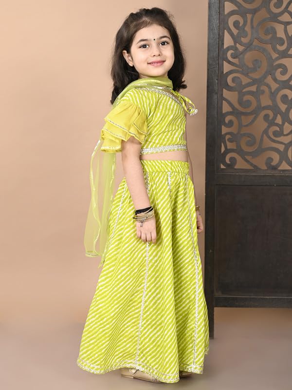 Image of superminis Girl's Cotton One Shoulder Lehariya Printed Readymade Lehenga Choli And Net Dupatta Set