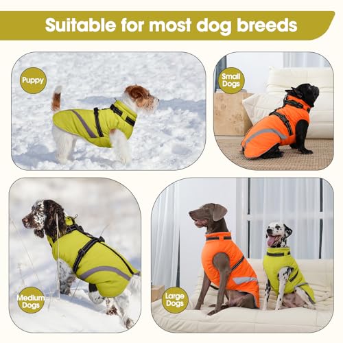 Image of BRKURLEG Dog Winter Jackets for Large Dogs, Dog Coat with Harness Built in, Dogs Snowsuits with Zipper, Waterproof Windproof Pet Puffer Jacket Fleece Vest for Labrador, Dalmatian, Green XXL