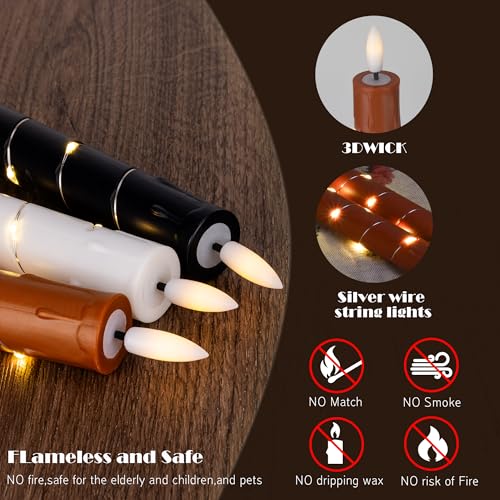 Image of JOIONE Flameless Taper Candles with Remote,6Pcs Flickering LED Xmas Decor | Reddish Brown, Battery Operated Candle Arounded with Starlight String, Christmas Home Decor for Living Room and Dining Table