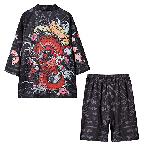 Image of PRIJOUHE Mens Kimono Set Japanese Haori & Shorts 2 Piece Summer Outfits