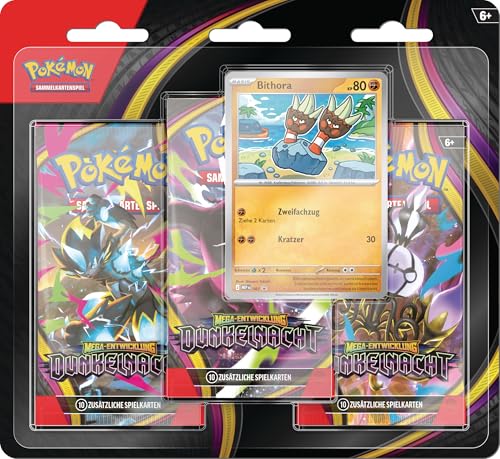 Pokémon-Sammelkartenspiel: 3er-Pack Mega-Entwicklung – Dunkelnacht: (1 holografische Promokarte & 3 Boosterpacks)
