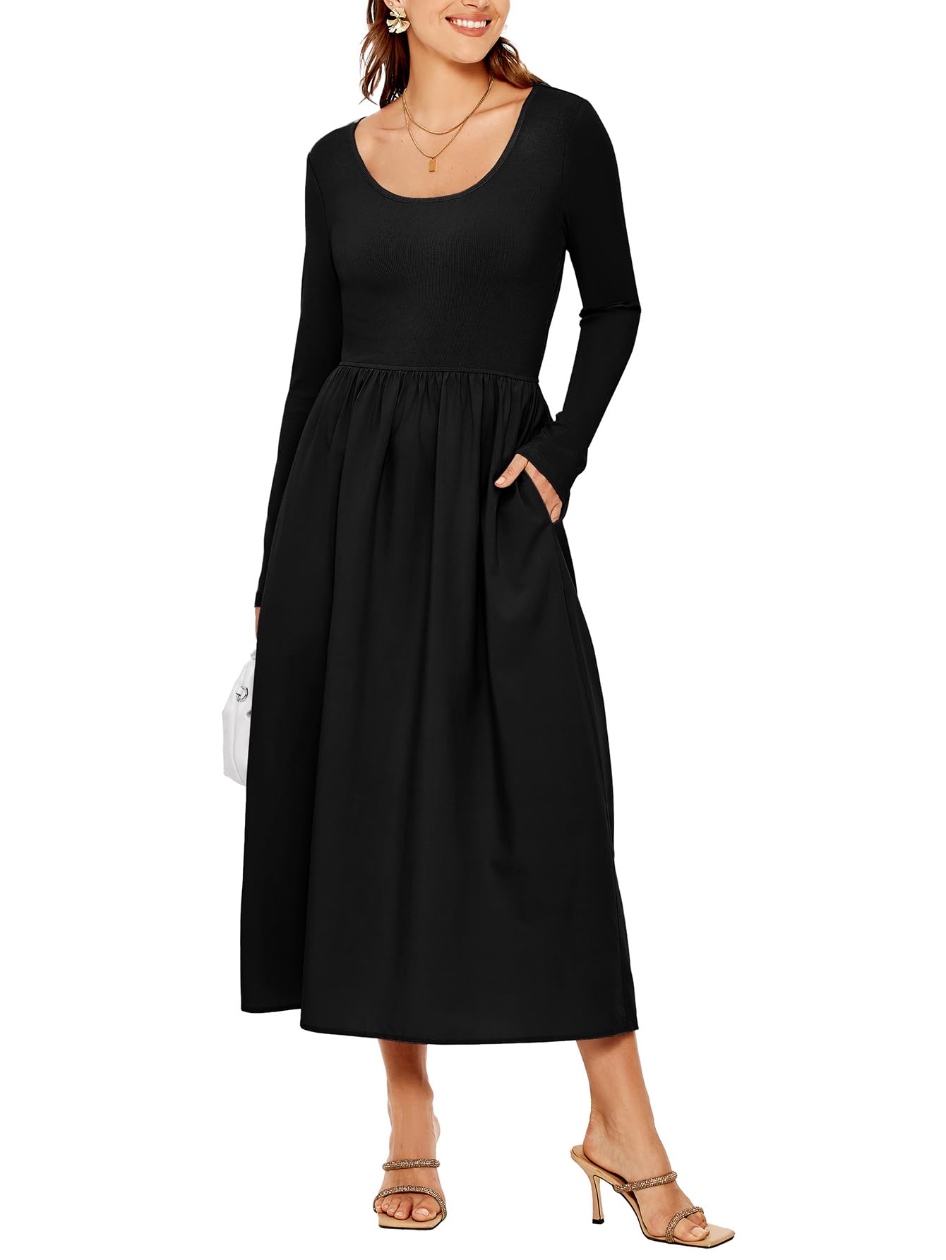 Glamaker Womens Long Sleeve Midi Dress 2025 Spring Wedding Guest Dress Casual HOCO A Line Holiday Dress with Pockets