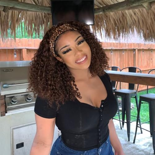 Image of Punmasa Headband Wig Human Hair Deep Wave Chocolate Brown Headband Wigs for black women Glueless Wigs Human Hair Machine Made 150% Density headband wig human hair with Headbands (12Inch)