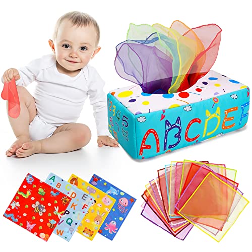Image of Comidos Baby Sensory Tissue Box Toy, STEM Educational Montessori Toy for Babies 3-6-12 Months, Pull Along Activities Toys with 15 Scarves & 4 Crinkle Paper for Toddlers, Infants, Newborns Gift