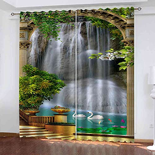 STWREO Rideaux Occultants Isolants Thermiques Paysage de Cascade de Jardin 200x160 cm Salon Acoustiques Anti Froid pour Chambre, Double à Oeillets Opaque Anti Chaleur Anti Bruit, Lot de 2 Rideaux Cover