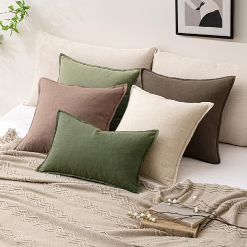 Image of 24x24 Inch Set of 2 Decorative Linen Solid Throw Pillow Covers Boho Farmhouse Euro Pillows Modern Spring Home Decor for Couch Sofa Living Room Bed,Sage Green