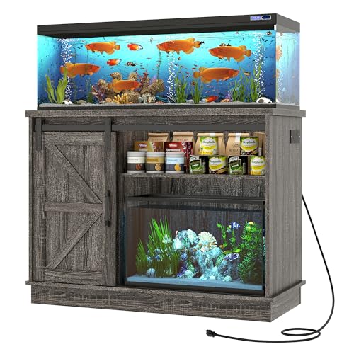 Hlivelood Farmhouse 30-40 Gallon Fish Tank Stand with Power Outlet, Aquarium Stand w/Cabinet&Sliding...