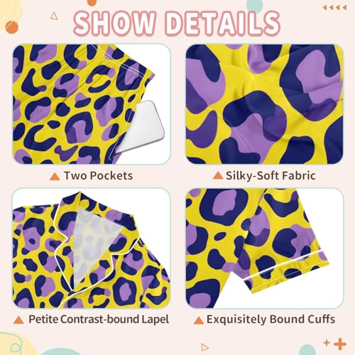 2 Piece Satin Pajamas Set Cute Leopard Silk Button Down Sleepwear Summer Nightwear3