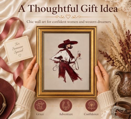 Image of Gold Framed 3D Textured Wall Art, Red Wine Cowgirl Canvas Prints, Modern Western Burgundy Fashion Pictures Decor, Vintage Editorial Cowgirl Artwork for Living Room Bedroom Entryway 16x24inch